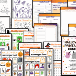 collage of colorful worksheets with featured cover page with 3 ghosts with party hats.