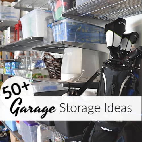 Neatly organized garage storage with text overlay
