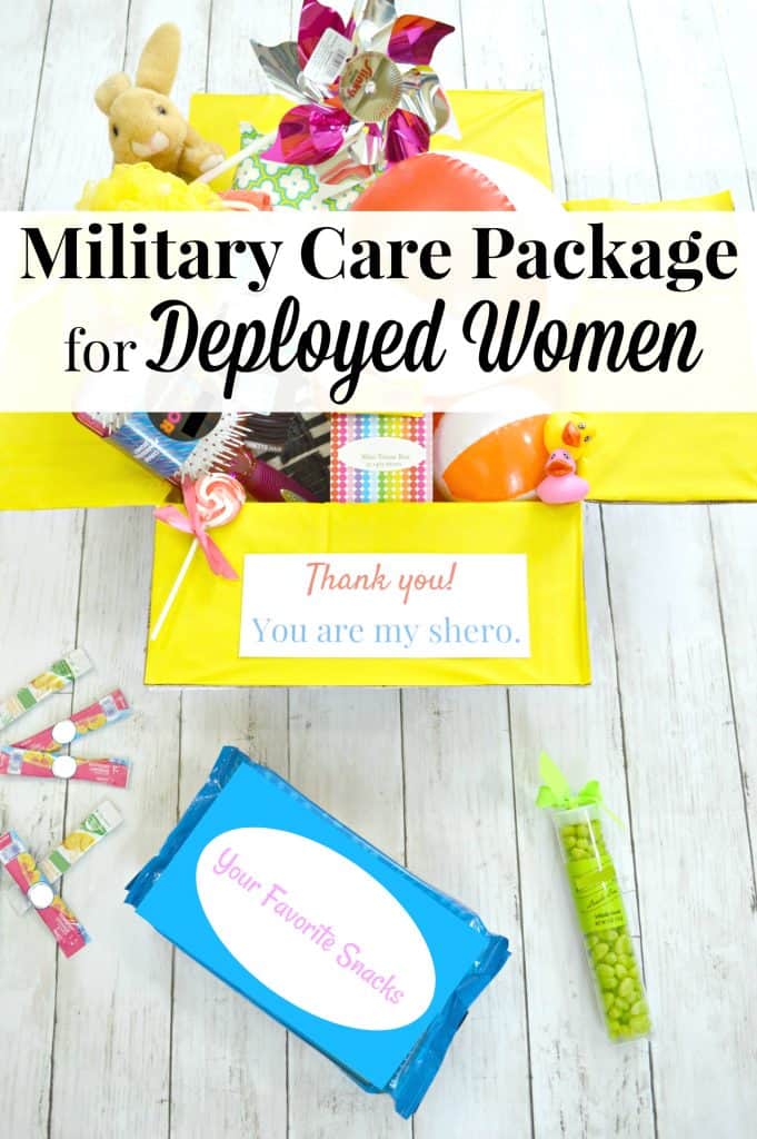 open box with yellow interior and care package items in the box and on table with title text reading Military Care Package for Deployed Women
