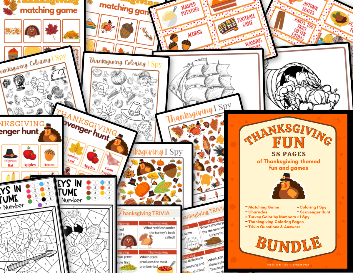 collage of colorful Thanksgiving themed activity sheets.