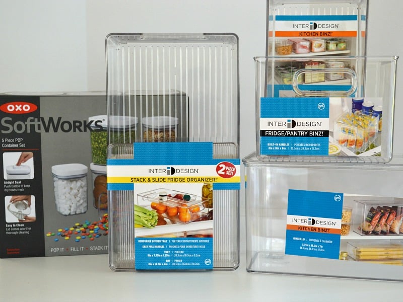 4 different kinds of clear plastic organizers for fridge and pantry.