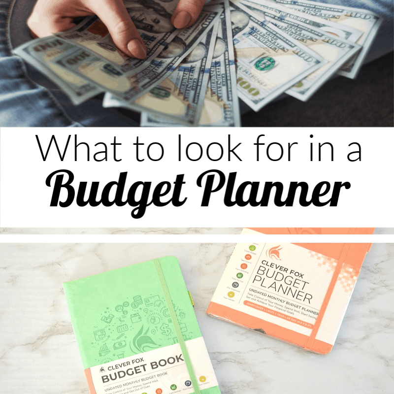 Top image hands holding money, bottom image of 2 budget planners with text overlay reading What to look for in a Budget Planner