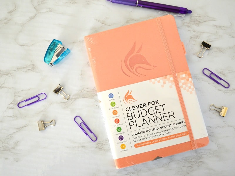 One of the best budget planners, the Orange Clever Fox Budget Planner on marble table with purple pen, paper clips and blue stapler