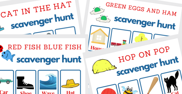 4 colorful scavenger hunt sheets with Dr Seuss iamges