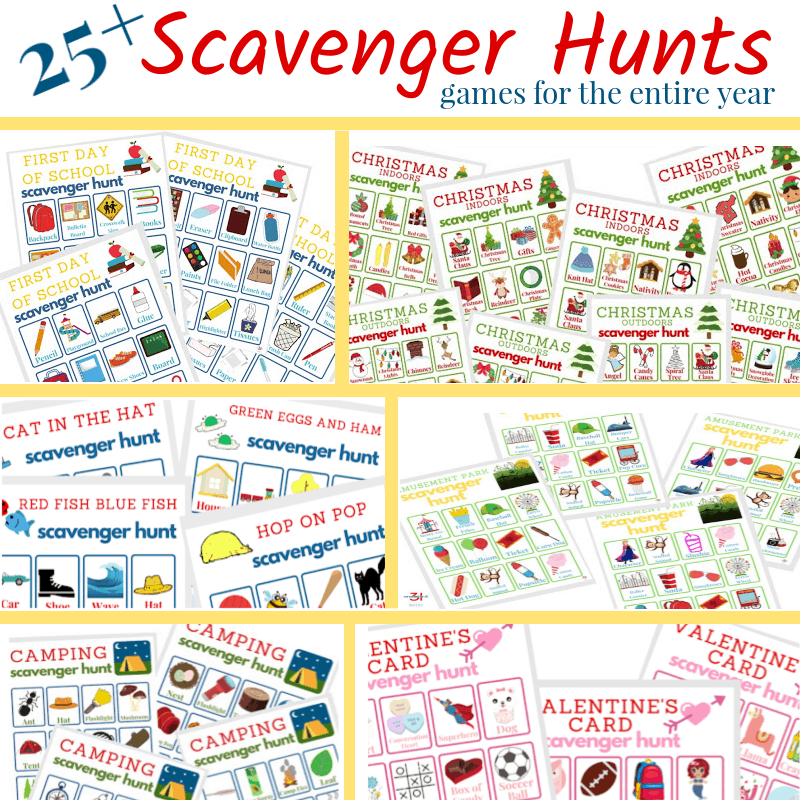 collage of 6 different colorful scavenger hunt game boards