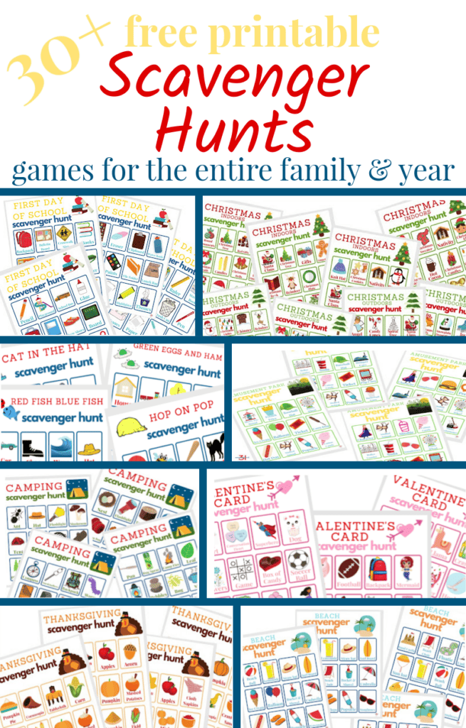 collage of 6 different colorful scavenger hunt game boards with text overlay in red and blue
