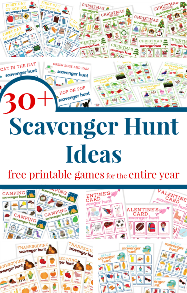 collage of 6 different colorful scavenger hunt game boards with text overlay in red and blue