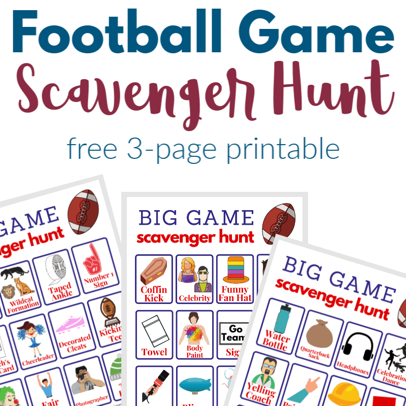 text title with images of 3 scavenger hunt printable game boards for football watching