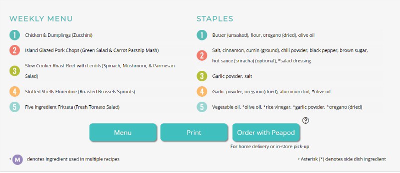 Screenshot of The Dinner Daily weekly menu meal planner.