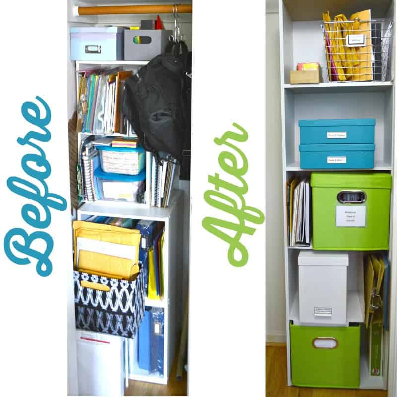 Left image of messy office supplies closet and right image of neatly organized office supplies closet with text