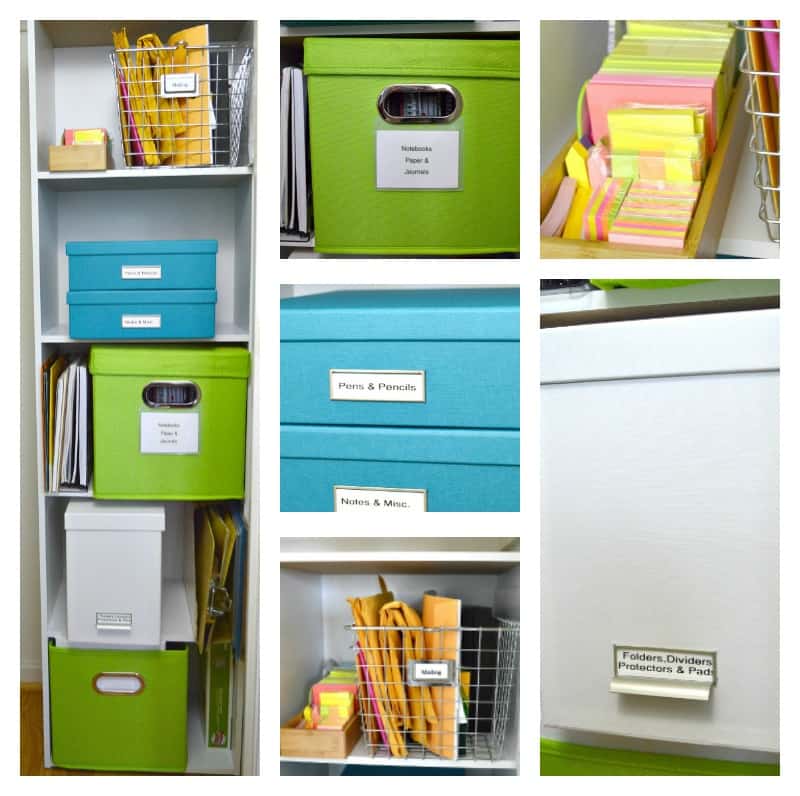 collage of brightly colored organizing bins and office supplies