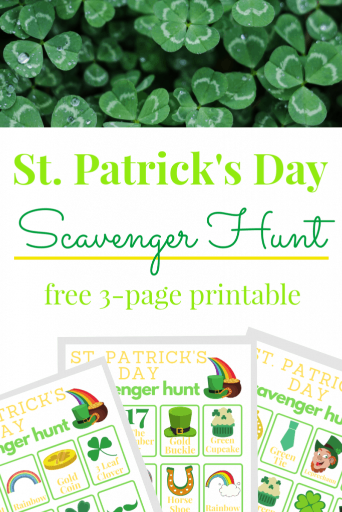 image of clover and 3 green and yellow scavenger hunt boards for St. Patrick's day