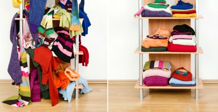 left image clothing scattered on shelves, right image clothing neatly folded on shelves