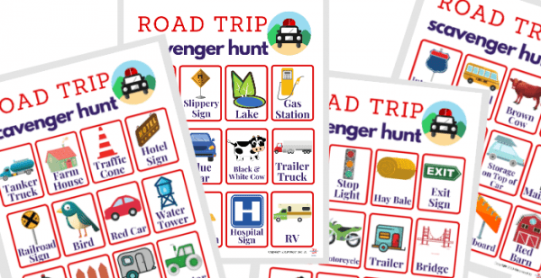 images of four colorful road trip scavenger hunt sheets