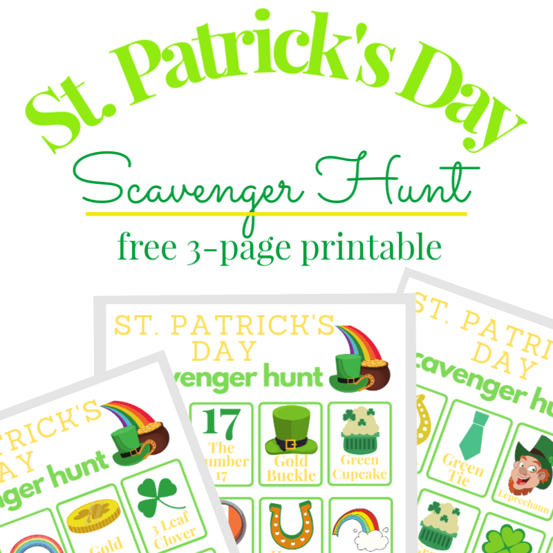 images of 3 scavenger hunt game boards with text title reading St. Patrick's Day Scavenger Hunt free 3-page printable