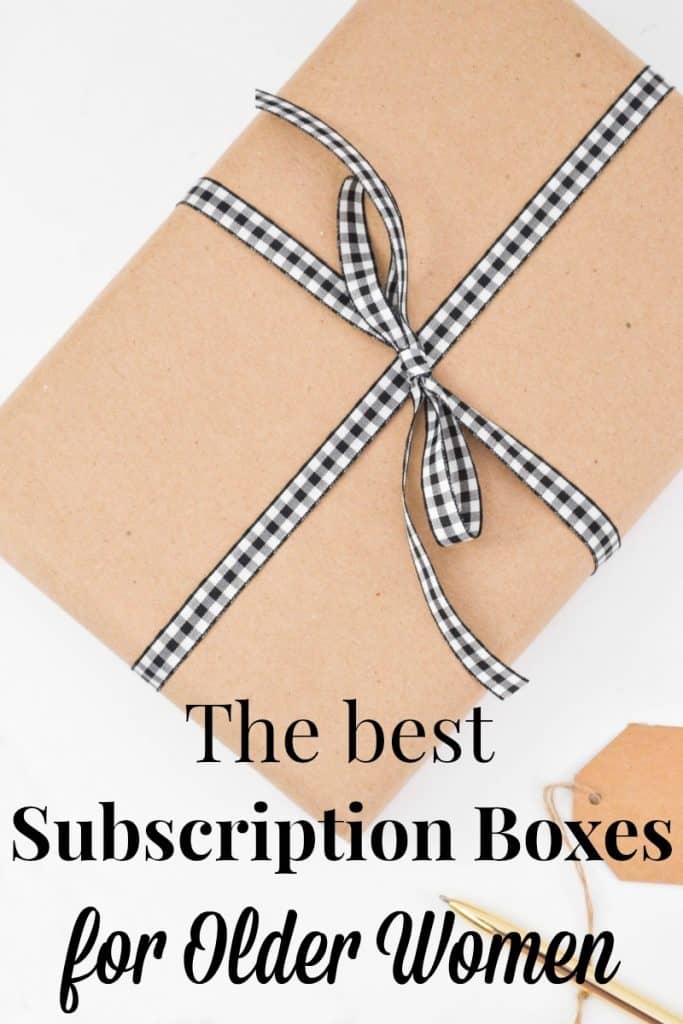 Package in brown paper with black and white gingham bow, gift tag and gold pen with title text overlay reading The best Subscription Boxes for Older Women
