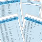 Four overlapping pages display “Table of Contents” and “Notes” headers, listing various document sections and page numbers in a blue and white design—ideal for organizing end-of-life documents in an orderly, accessible format.