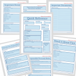 Seven blue-and-white forms for organizing personal and important documents, including quick reference, checklist, contacts, roles, and essential end-of-life information sections, are displayed in a spread layout.