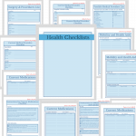 A collage of various blue health checklist forms with titles like “Current Medications,” “Surgery & Procedures List,” and “Possible Medical Providers List” arranged around a central Health Checklists cover, thoughtfully designed to support end-of-life planning.