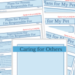 Collage of printed forms titled “Caring for Others,” “Plans for My Pet,” and “Plans for Person I’m Responsible For,” featuring blue headers and organized text boxes, designed to help with end-of-life planning and responsibilities.