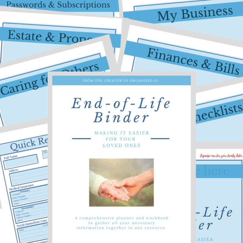 collage of pages from the End-of-Life Binder in blue and navy print