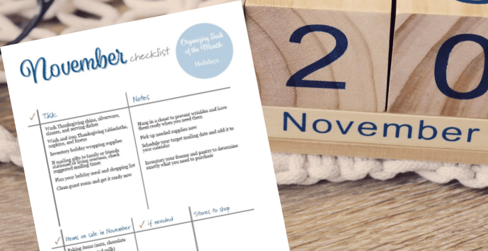 Close up of November To Do List with wood block November calendar in the background