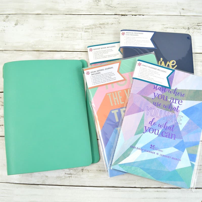 Teal Erin Condren Petite Planner Folio with 4 planner journals on white wood table.