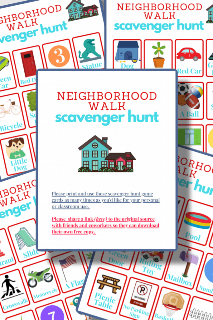 4 brightly colored game boards with a title page overlayed with text reading Neighborhood Walk Scavenger Hunt
