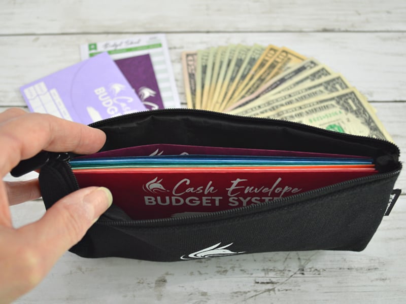 Hand holding a cash envelope wallet with cash and envelopes in the background