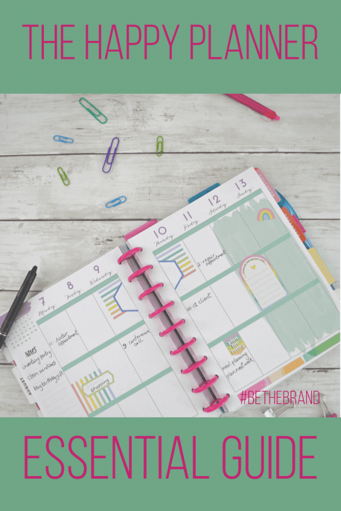 happy planner calendar with paper clips and pens and green box overlays