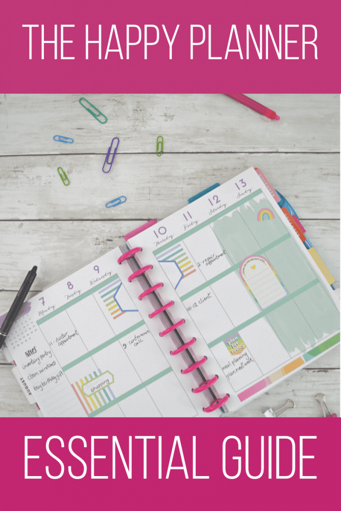 happy planner calendar with paper clips and pens and pink box overlays