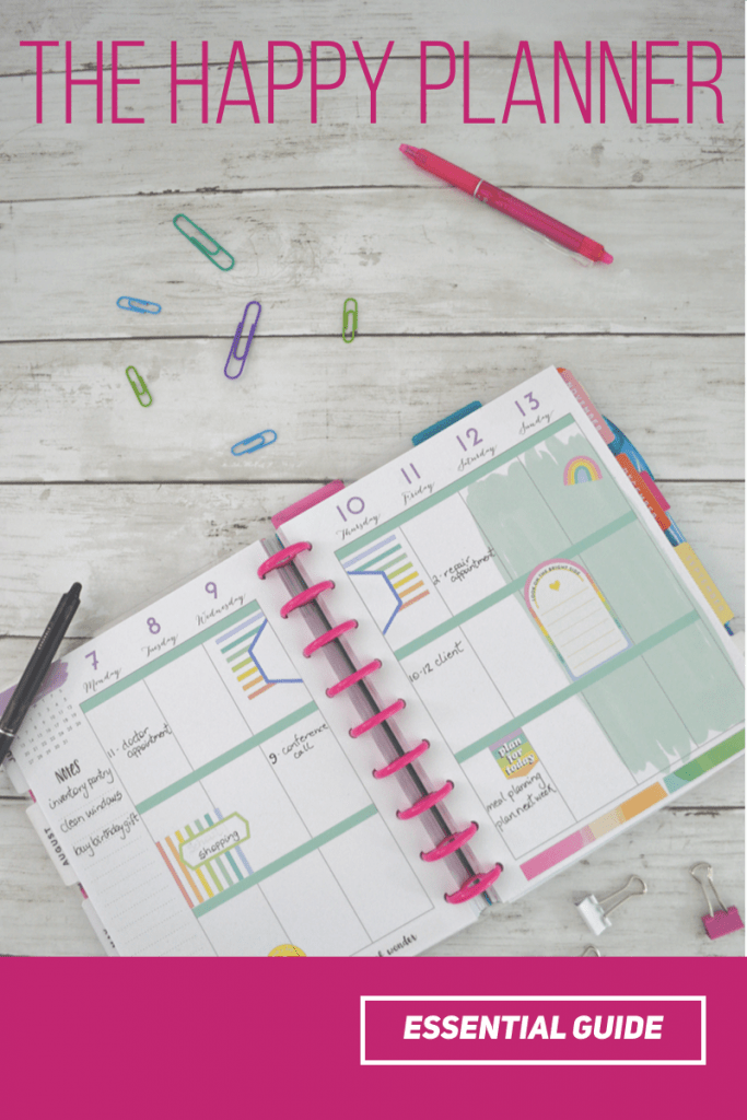 happy planner calendar with paper clips and pens and pink box overlay on bottom