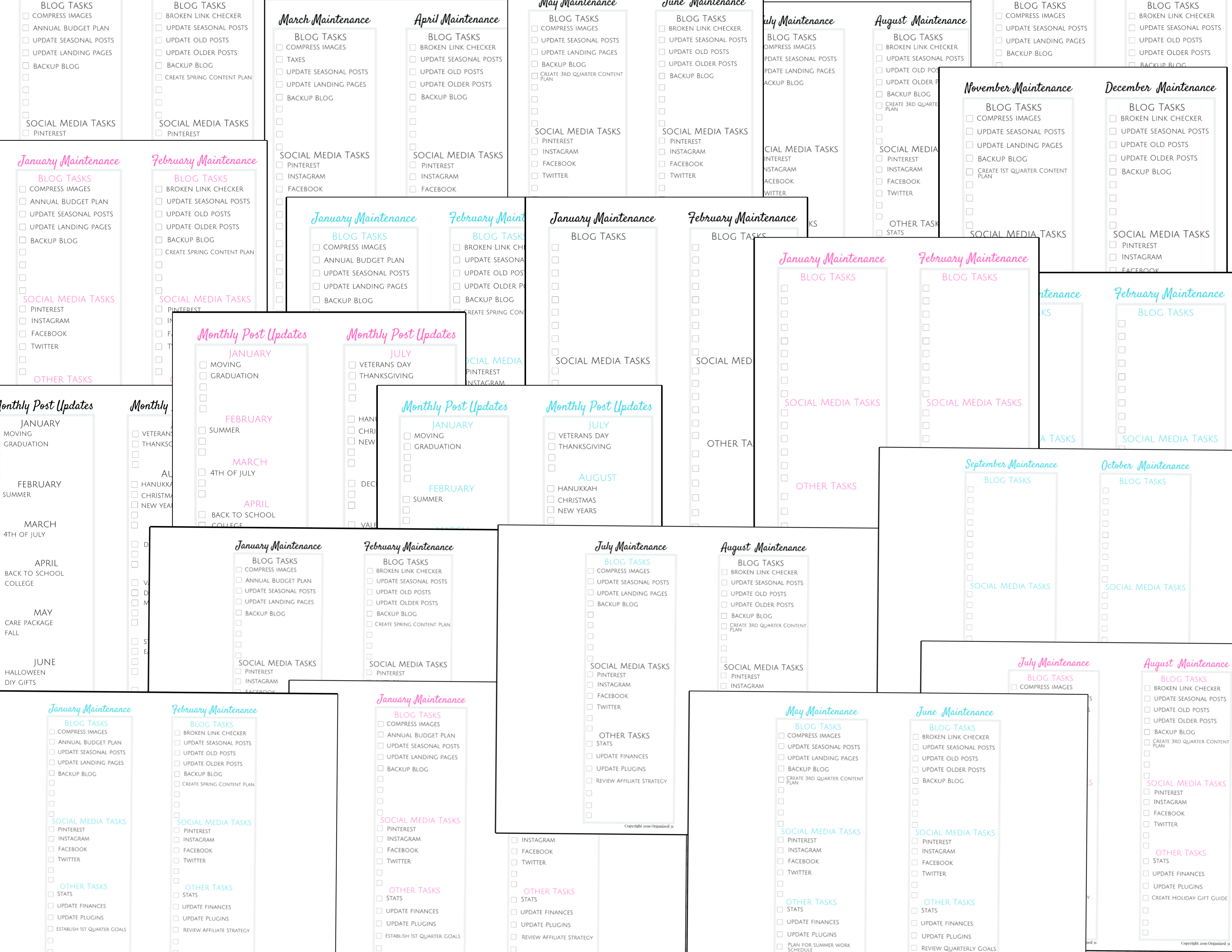 collage of blog maintenance checklists in black and white, with pink and blue