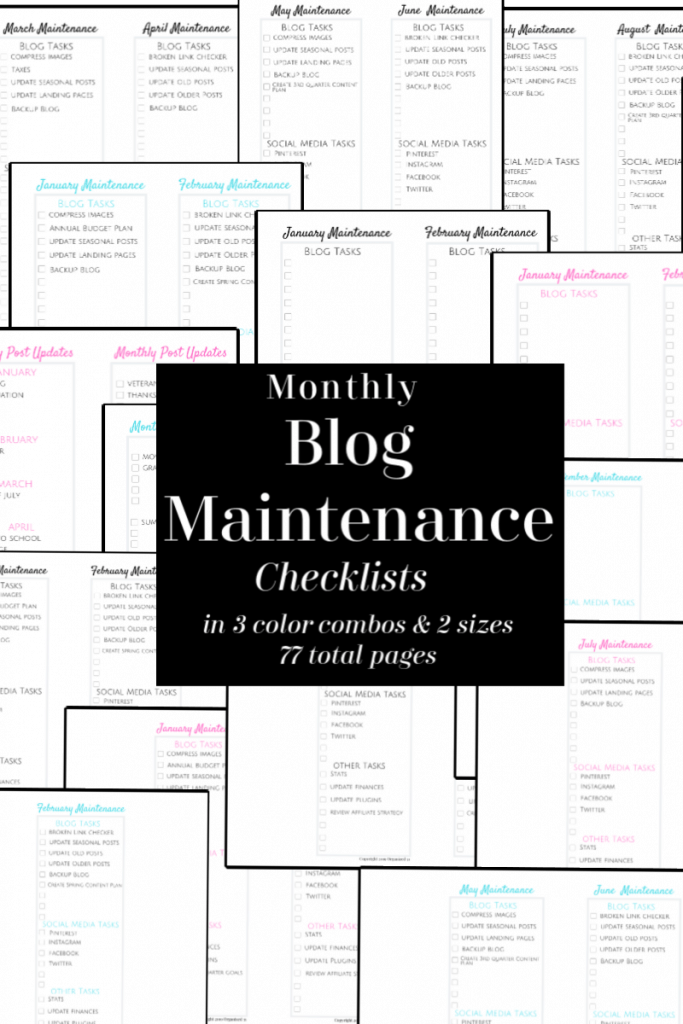 collage of printable checklists for blog maintenance with title
