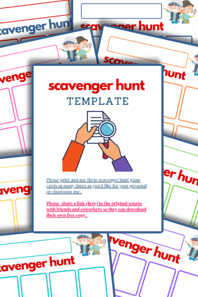 multiple colorful scavenger hunt templates with cover page on top