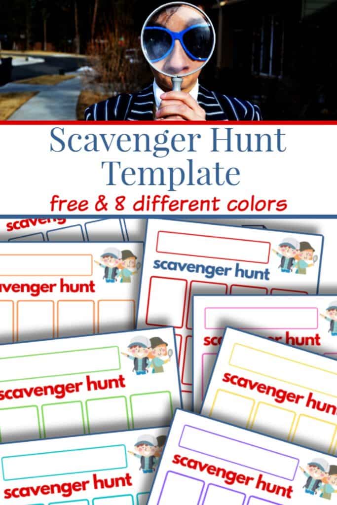 top image person looking through a magnifying glass two young children at lake, bottom image of colorful sheets of scavenger hunt templates