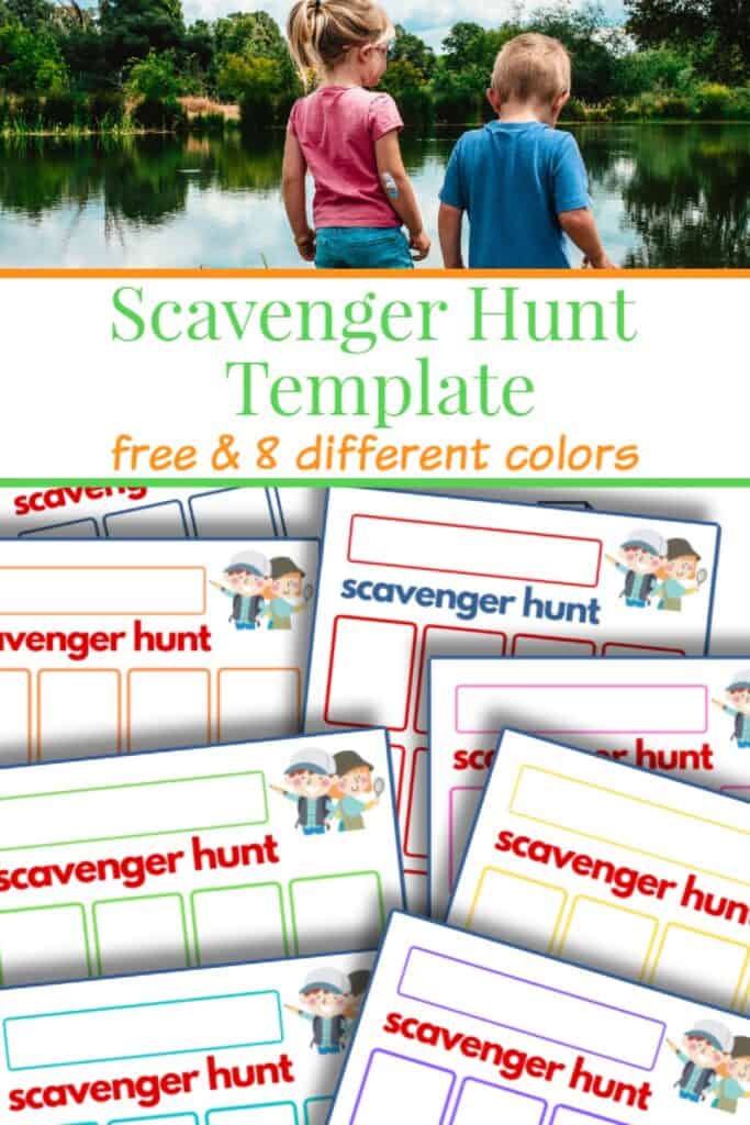 top image two young children at lake, bottom image of colorful sheets of scavenger hunt templates