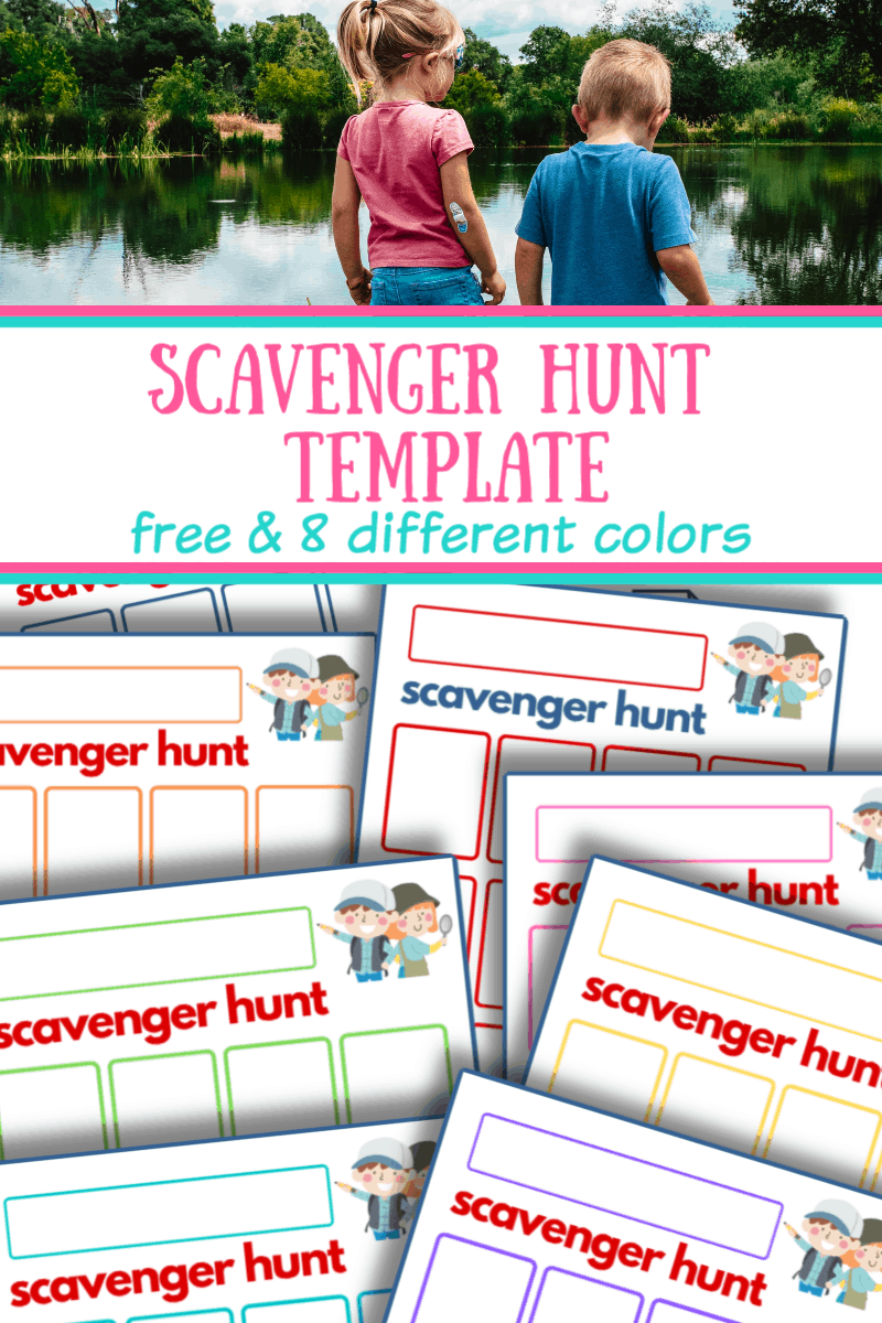 top image boy and girl by lake, bottom image scavenger hunt templates in 8 colors