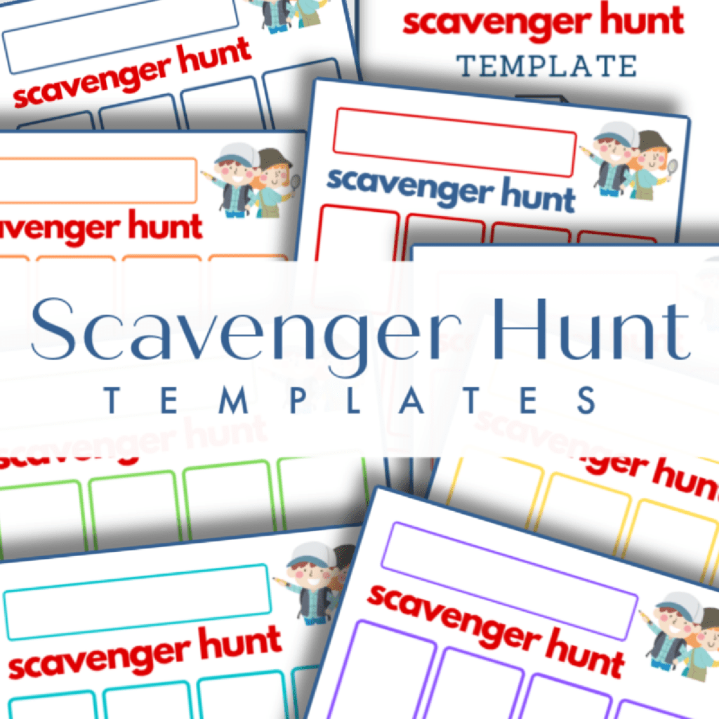 close up of 8 scavenger hunt template pages with text overlay