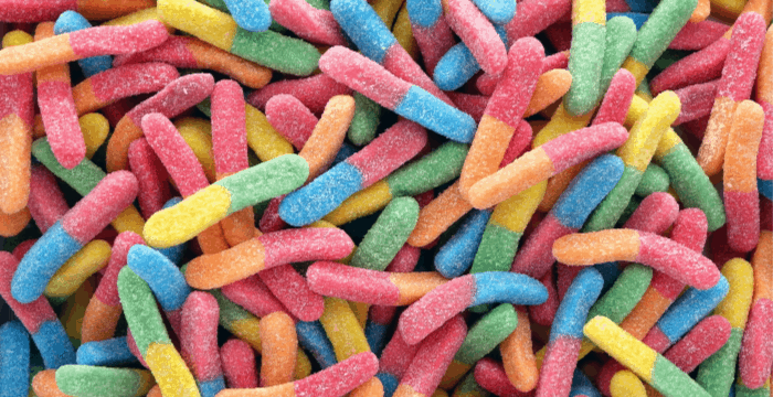 brightly colored gummy candy in a pile