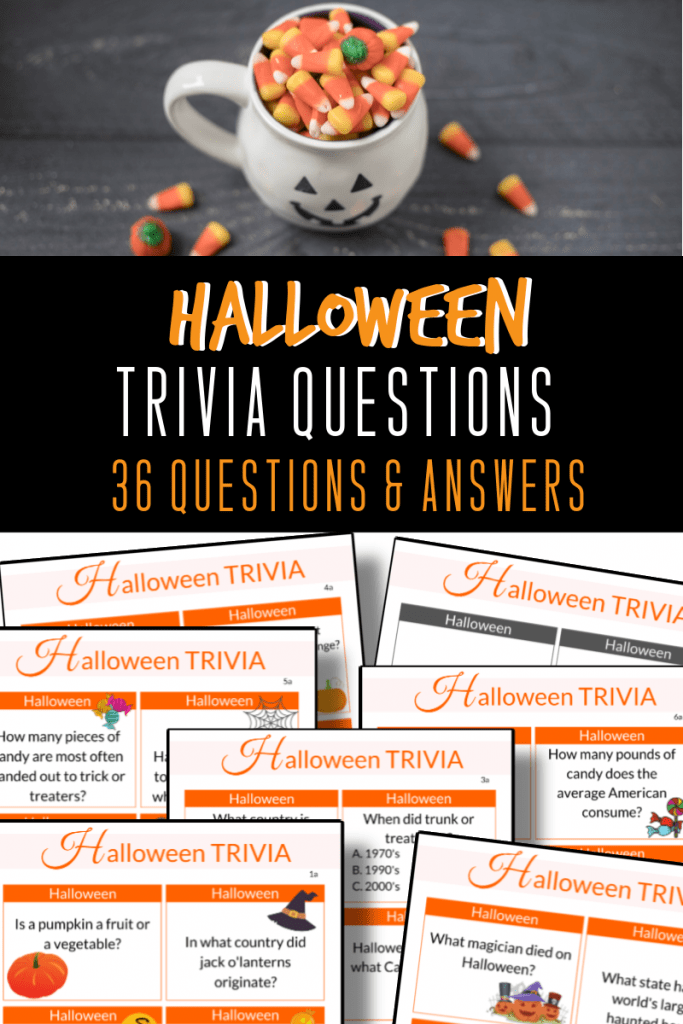 top image - white jack o'lantern cup with candy, bottom image - pages of Halloween trivia questions