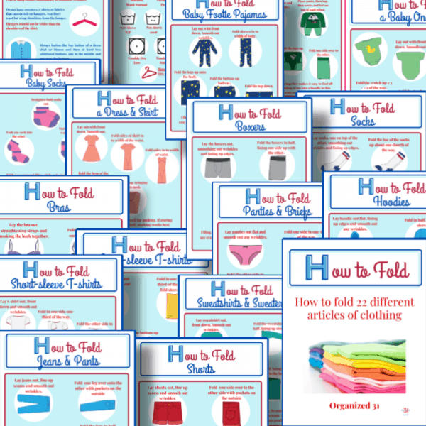 collage of colorful sheets about how to fold clothing items