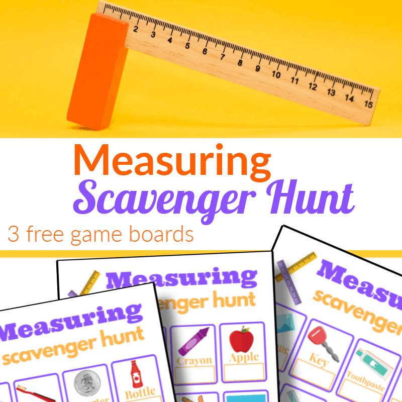 top image ruler on yellow background, bottom images are 3 colorful scavenger hunt game boards