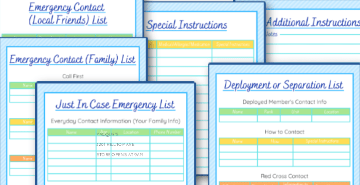 close up of blue and colorful emergency contact checklists 