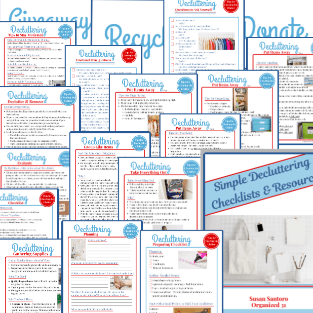 collage of decluttering checklist pages in blue and red