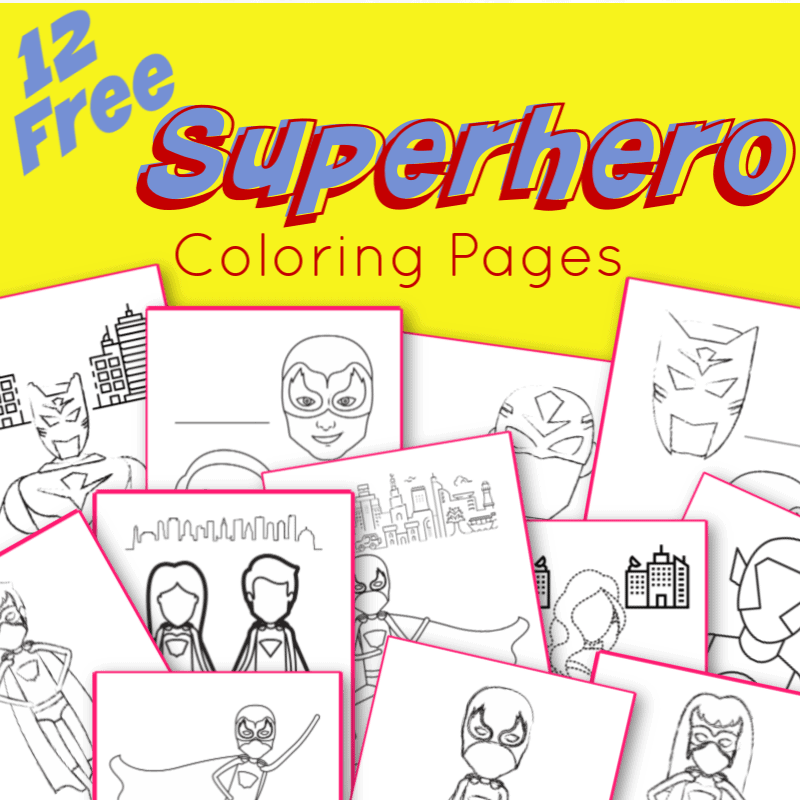 12 superhero coloring pages and yellow banner on top with text