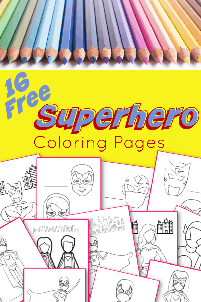 top image is row of colored pencils, bottom image is superhero coloring pages