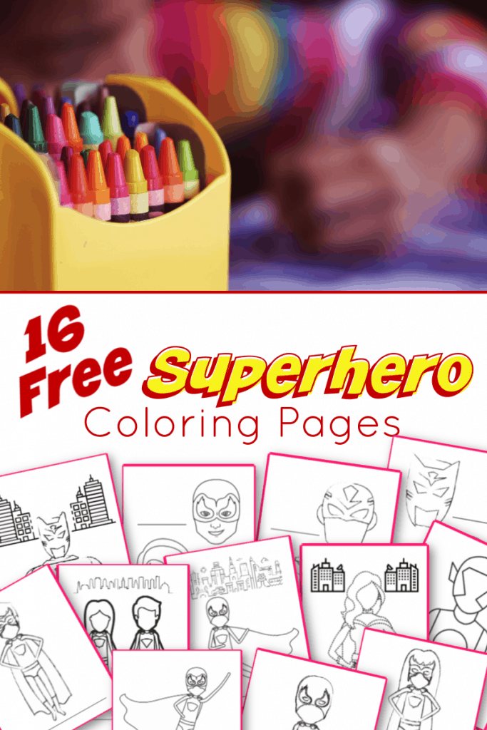 top image child's arm with box of crayons, bottom is 12 images of superhero coloring pages