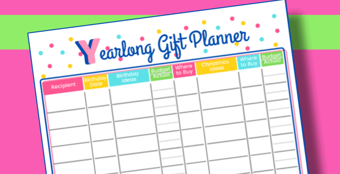 Closeup of colorful gift planner on pink and lime green background.