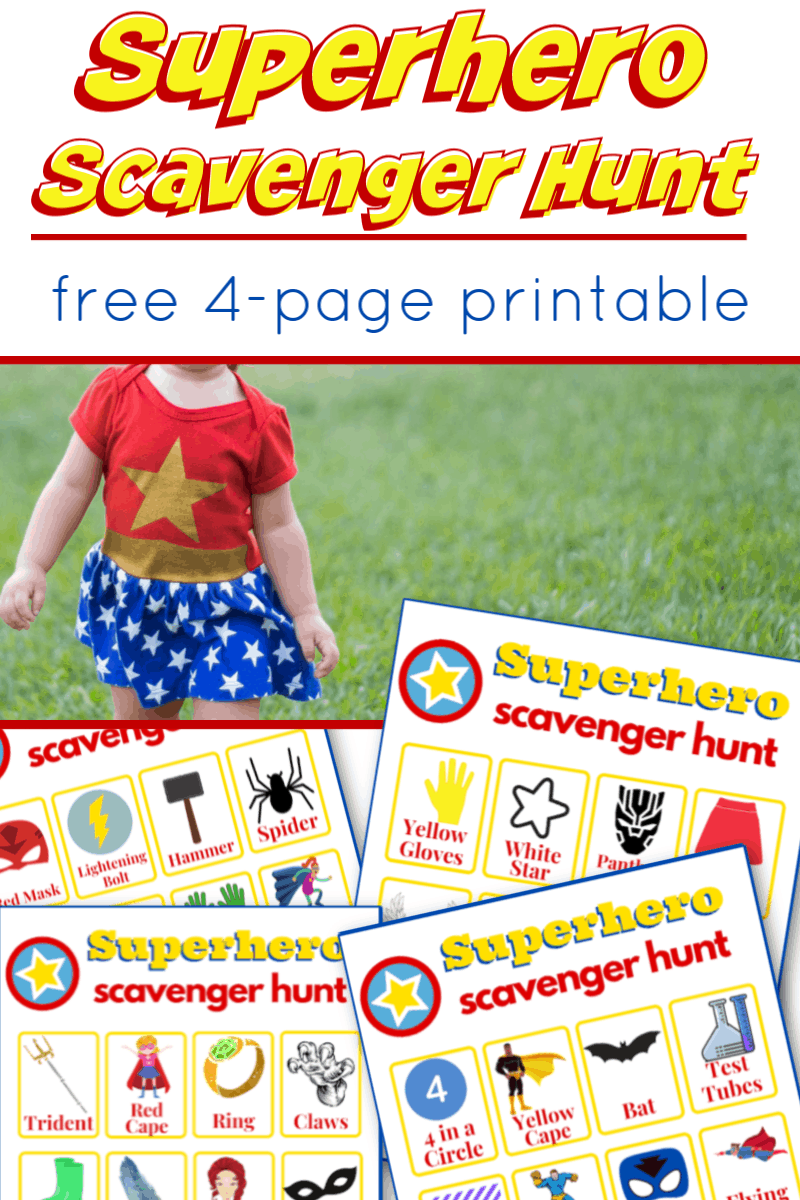 child in superhero costume and images of superhero scavenger hunt sheets